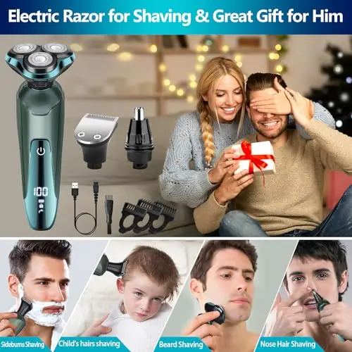 Electric Razor for Men, Electric Shavers for Men's Faces, Detachable Blade 3D Rotary for Shaving with Nose Trimmer Face Cleaning Brush Head Shavers, Wet/Dry/Waterproof Razors for Men Matte Green 7