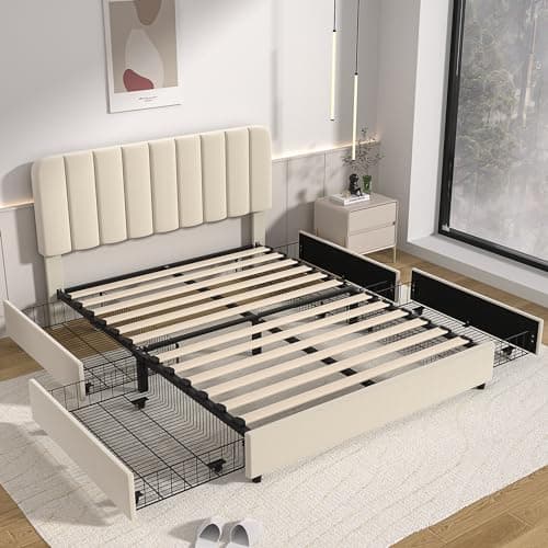 VECELO Queen Size Upholstered Bed Frame with 4 Drawers and Adjustable Headboard, Velvet Platform Storage Bedframe Mattress Foundation, Wooden Slats Support, No Box Spring Needed, Beige 6