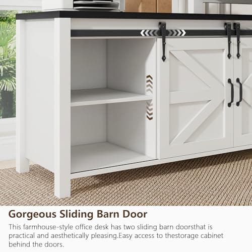 L Shaped Desk With Drawers, Farmhouse Executive Wood Home Office With Power Outlet, Rustic Reversible Computer With Storage Cabinet, Double Sliding Barn Door and Adjustable Shelves 6