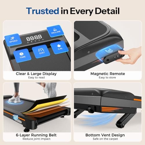 Niceday Walking Pad Treadmill with 10% Auto Incline, 400lbs Capacity, Under Desk Treadmill for Home Office, 3HP Super Quiet Brushless, 16.5" Widened Running Belt, Magnetic Remote & Preset Goal, Orange 6