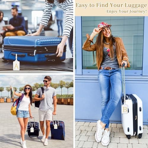 Personalized Initial Luggage Tags for Suitcase TSA Approved, White Leather Cute Luggage Tag with Privacy Cover Name Card, Embroidered Custom Luggage Tags Travel Baggage Tags Gifts for Women Kids(A) 7