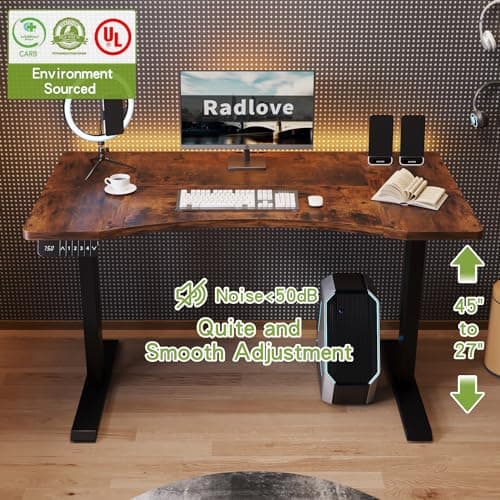 Radlove Dual Motors Height Adjustable 55 x 30'' Electric Standing Desk with Curved Design Stand Up Table 4 Memory Keys, Computer Desk with Splice Board Home Office Desk, Rustic Brown Top + Black Frame 4