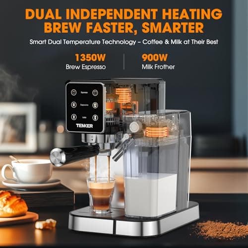 TENKER Espresso Machine, 20 Bar Cappuccino Machine with Automatic Milk Frother, 3-in-1 Coffee Machine, 1350W Dual Boiler Latte Maker, Touchscreen Espresso Coffee Maker, Stainless Steel 2