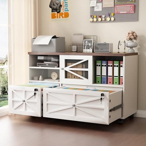 Semoic 2 Drawer Farmhouse File Cabinet with Lock, Mobile Lateral Filing Cabinet for Letter/Legal/A4 Size, Open Storage Adjustable Shelf for Home Office Cabinets,White