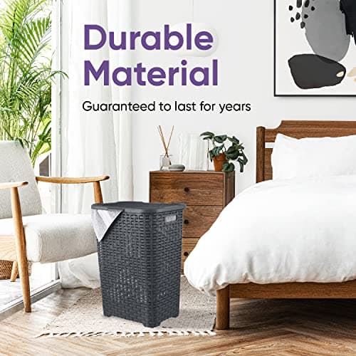 Plastic Laundry Hamper with Lid Laundry Hamper Basket, Grey Tall Cloths Hamper Organizer with Cut-out Handles. Space Saving for Laundry Room Bedroom Bathroom, Wicker Design 60 Liter 6