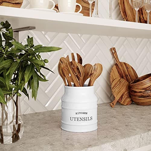 Barnyard Designs Ceramic Farmhouse Utensil Holder for Kitchen Counter, Large Rustic Utensil Crock, Countertop Cooking Tool Spatula Organizer, 6.75” (White) 5