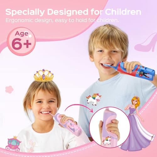 COSLUS C31 Kids Water Dental Flosser Deep Cleaning Picks Portable 4 Modes for Ages 6+ Safe Waterproof Rechargeable with 2 Jet Tips for Gums Care Pink Purple 6