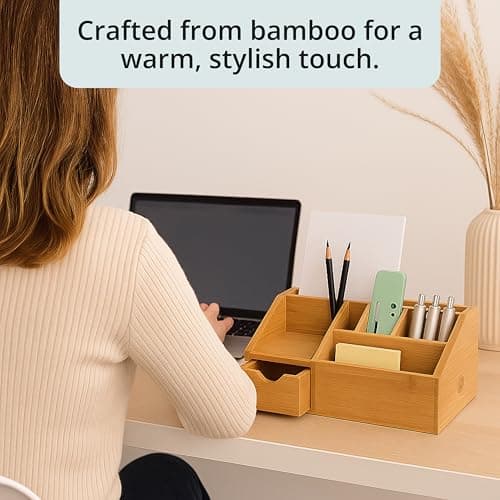 FLYGRUBS Thingles Bamboo Desk Organizer, Wood Pen Holder with Drawer, Storage Box, Pencil Box, Desk Tray for Office, Home Office - Wood Desk Organizer 5