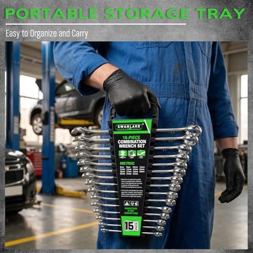SWANLAKE 15-Piece Metric Combination Wrench Set, 12-Point Max Torque Open End Wrench Set, Cr-V Steel Wrenches 8, 9, 10, 11, 12, 13, 14, 15, 16, 17, 18, 19, 20, 21, 22mm with Storage Rack 8