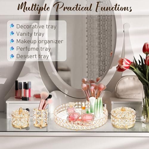 Tioncy 5 Pieces Crystal Makeup Decorative Vanity Perfume Tray Set Mirrored Cosmetic Brush Holder for Dresser Glass Jewelry Organizer Box Home Decor Table Accessories(Gold) 6