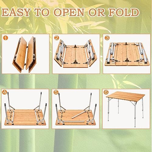 KingCamp Bamboo Folding Table Environmental Camping Table with Adjustable Height Aluminum Legs Heavy Duty 4-Folds Portable Camp Tables for Travel, Picnic, Party, Beach, 1-2 People 5