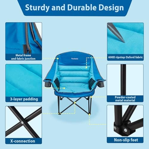 Youtanic Oversized Camping Chair, Portable Folding Camping Chairs with Side Pocket, Cup Holder and Carry Bag, Heavy Duty Outdoor Camping Chairs for Adults, Fishing, Sports, Trip, up to 400lbs, Style 1 5