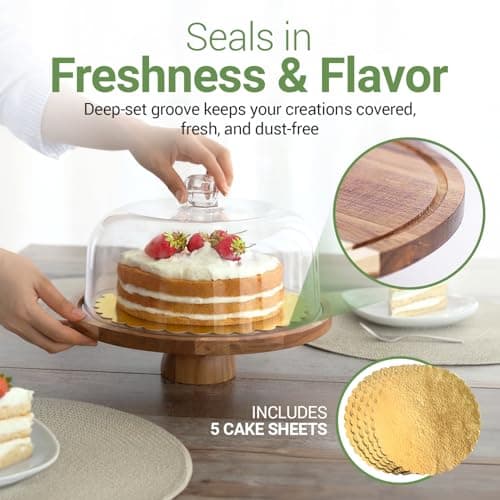 Linda’s Essentials Acacia Wood Cake Stand with Lid (Acrylic) 12 Inch Round Cake Holder Stand with 5 Bonus Cake Sheets, 2-in-1 Wooden Cake Stand with Dome & Charcuterie Board for Cheese, Cake Plate 6