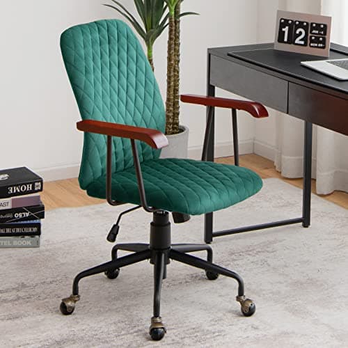 Giantex Home Office Desk Chair Green, Vintage Adjustable Swivel Rolling Chair with Copper Wheels & Armrest, Mid Century Leisure Chair, Velvet Upholstered Computer Chair for Work, Study 8