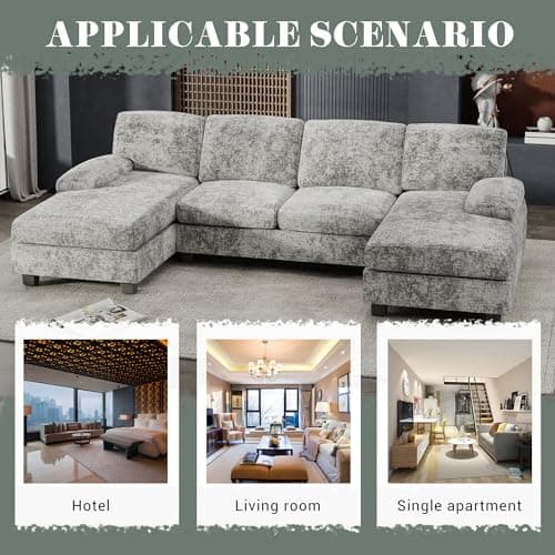 Furniwell Convertible Sectional Sofa Couch, 4 Seat Sofa Set for Living Room U-Shaped Modern Fabric Modular Sofa Sleeper with Double Chaise & Memory Foam (Fabric, Grey) 7