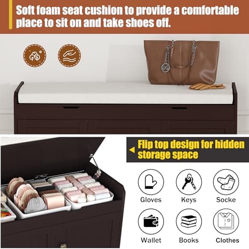 HOMEFORT 41.3" Shoe Bench with Lift Top Storage, Entryway Bench with Cushioned Seat, Wooden End of Bed Bench, Shoe Cabinet Bench with Hidden Storage Space, for Bedroom, Hallway,Espresso 7