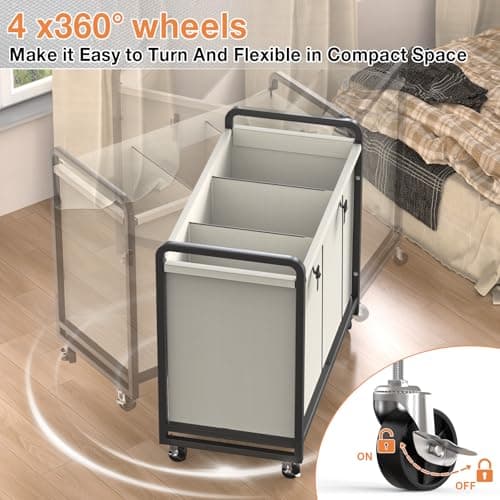 60 Gal (230L) Laundry Sorter 3 Section with Lid, Laundry Hamper Cart with Heavy Duty Rolling Lockable Wheels and Metal Handle,Laundry Basket Organizer with Removable Bag for Laundry Room - White 4