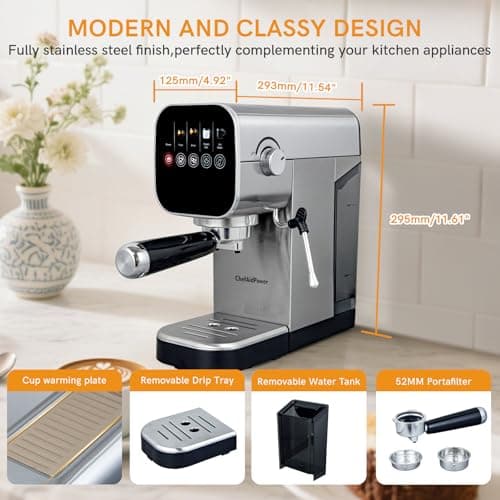 ChefAidPower Espresso Machine, 20 Bar, Milk Frother, 30oz Water Tank, Touchscreen, Stainless Steel 6