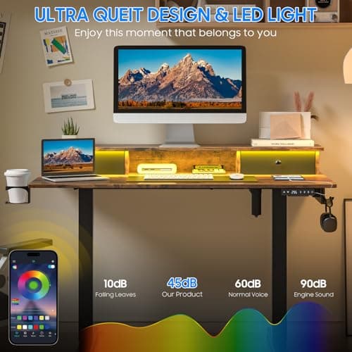 Vabches Electric Standing Desk Adjustable Height, LED Stand Up Desk with Drawers and Charging Station 48 Inch Ergonomic Sit Stand Table with Storage Uplift Workstation for Home Office (Rustic Brown) 6