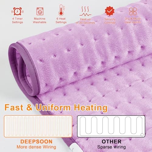 Deepsoon Heating Pad,Electric Heating Pads for Back,Neck,Abdomen,Moist Heating Pad for Shoulder,Knee,Arms,Legs,Dry/Moist Heat & Auto Shut Off,Christmas Gifts for Men and Women,Light Purple,24x12 Inch 5