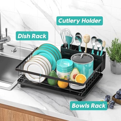 MERRYBOX Dish Drying Rack Space-Saving Dish Racks for Kitchen Counter, Rustproof Drying Rack Kitchen with Large Utensil Holder and Increased Feet, 16.5" D x 11.4" W x 5.65" H, Black 5