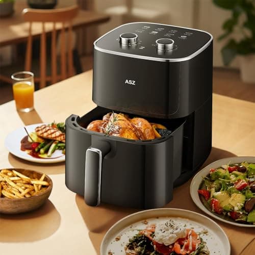 ASZ 5qt Air Fryer Compact Knob Black for dorm office - 4.7L Airfryer with Window 1400W Visual Basket - Non-Stick Pan, Manuel Control Max 60s Timer & 400℉ Kitchen Airfry Countertop Gift 6