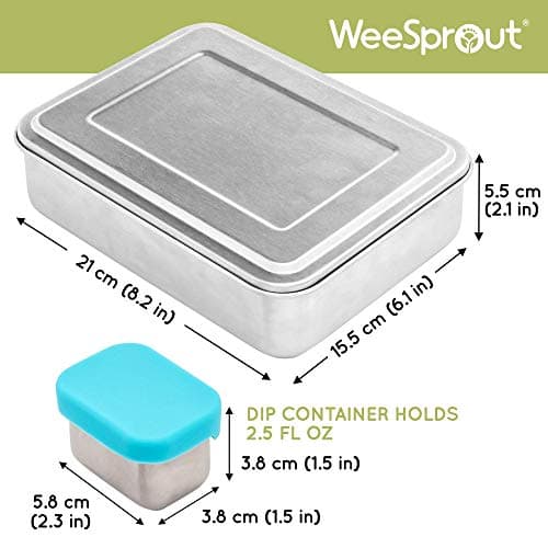 WeeSprout 18/8 Stainless Steel Bento Box (Compact Lunch Box) - 3 Compartment Metal Lunch Containers, for Kids & Adults, Bonus Dip Container, Fits in Lunch Bag & Backpack 3