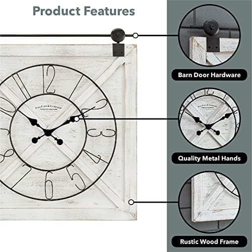 FirsTime & Co. White Farmstead Barn Door Wall Clock for Home Office, Kitchen, Living Room, Bedroom, Square, Wood and Metal, Farmhouse Decor, (27"W x 29"H inches) 6