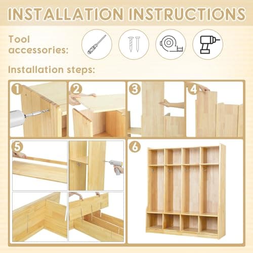 Colingmill 4 Section Coat Locker with Bench Daycare Cubbies for Classrooms Natural Pine Finish Wooden Backpack Cubby Storage Organizer with Hooks for Daycare Classroom and Home 7