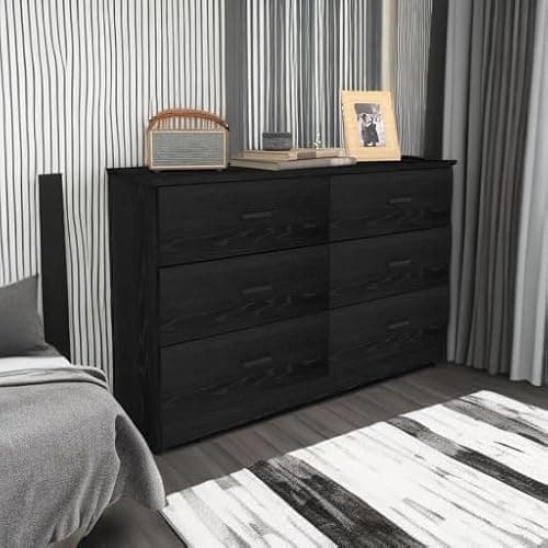 Bigbiglife Wood Dresser for Bedroom, 6 Drawer Double Dresser, Modern Chest of Drawers with Deep Drawers, Large Storage Organizer for Living Room, Closet (Black) 5