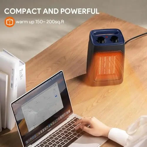 shinic Portable Space Heater with Thermostat, 1500W Small PTC Ceramic Office Heater for Indoor use, 2S Fast Heating, Overheat & Tip-Over Protection, ETL Listed for Home Pets (Dark Blue) 5