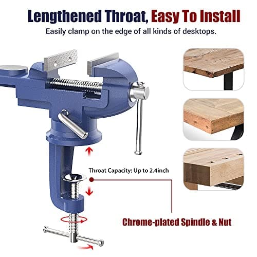 Nuovoware Table Vise 3 Inch, 360° Swivel Base Universal Home Vise Portable Bench Clamp, Clamp-on Vise Bench Clamps Fixed Tool for Woodworking, Metalworking, Cutting Conduit, Drilling, Sawing, Blue 6