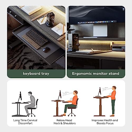 FEZIBO 55 x 25 Inch Height Adjustable Electric Standing Desk with Double Drawers&Keyboard Tray, Stand Up Desk with LED Strips, Sit Stand Desk with Monitor Stand, Rustic Grey 5