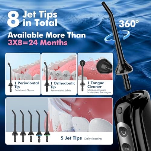 Cordless Water Dental Flosser for Teeth, with 8 Jet Tips, 300ML Tank Oral Irrigator Portable with 4 Modes IPX7 Waterproof Rechargeable Water Floss for Home Travel, Adults Teeth Cleaning (Black) 5
