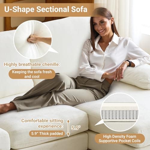 VINGLI 110" Sectional Couches for Living Room,U Shaped Couch with Double Chaise, 4-Seat Sofa Set with Chenille Fabric for Home Furniture,Beige 7