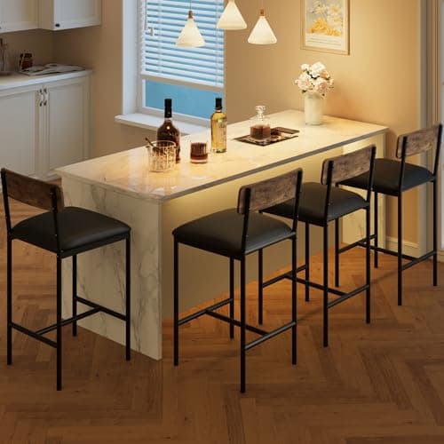 GAOMON Bar Stools Set of 4, Kitchen Bar Stools with Footrest, PU Upholstered Counter Height Barstools, Bar Chairs with Back for Kitchen Island, Apartment, Counter Bar, Easy Assembly, Rustic Brown