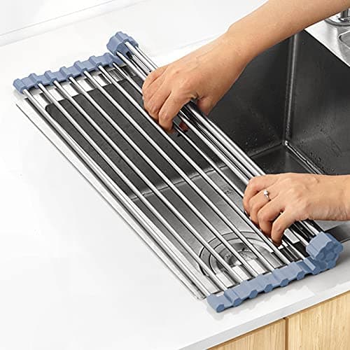 MECHEER Over The Sink Dish Drying Rack, Roll Up Dish Drying Rack Kitchen Dish Rack Stainless Steel Sink Drying Rack, Foldable Dish Drainer, 17.5''x11.8''