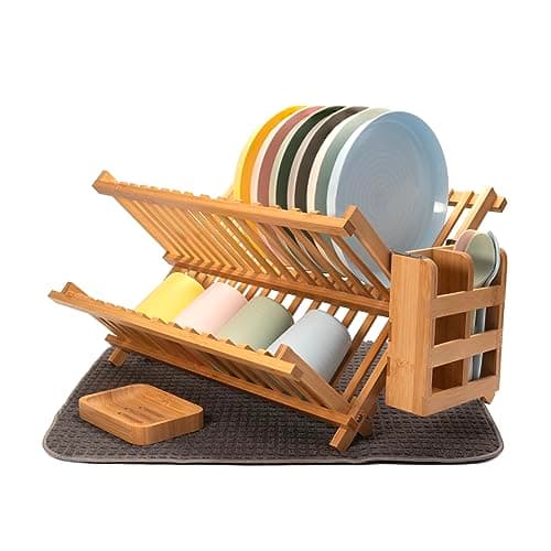 gohyl Kitchen Dish Drying Rack for Counter - Bamboo Wooden Collapsible Dishes 2 Tier Small Strainer Dishrack 9