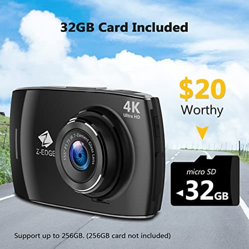 Dash Cam, Z-Edge Dual Dash Cam Front and Rear, 4K Built-in WiFi, Touch Screen Car Camera, FHD 1080P with Night Mode, 32GB Card Included, WDR, G-Sensor, Loop Recording, Support 256GB Max 8
