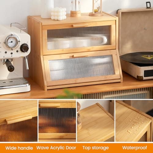 GHWIE Double Layer Bamboo Bread Box for Kitchen Counter,Large Capacity Bread Storage Bin,Bread Container with Acrylic Wavy Door Panel (Natural, Medium) 9