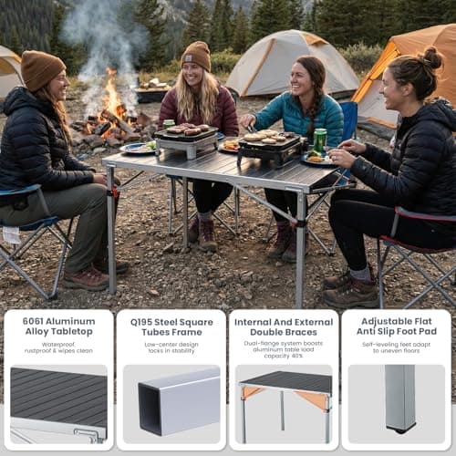 KingCamp Aluminum Folding Camping Table, 42.1" Foldable Lightweight Roll Up Camp Table Heavy Duty 2-6 People Portable Table for Camping Picnic BBQ RV, Indoor & Outdoor, Silver Black 8