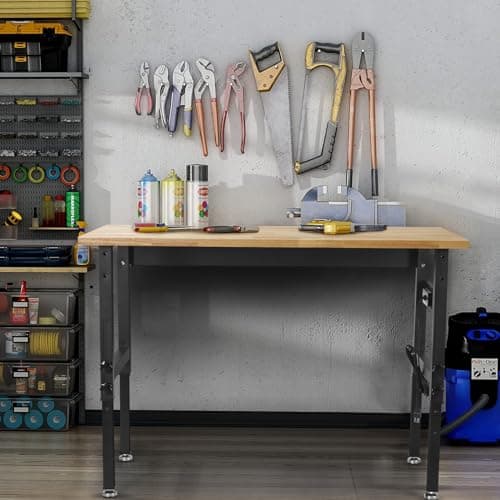 48" Adjustable Work Bench Garage Workbench with Power Outlets, 2200 Lbs Capacity Hardwood Top Work Bench Table Heavy-Duty Workbench for Garage, Workshop, Office, Home 7