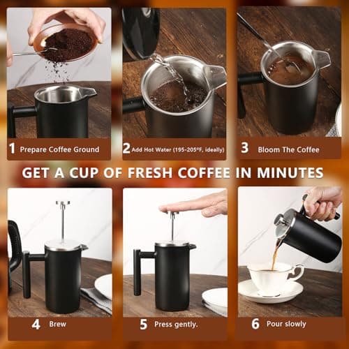 SZHETEFU 34 OZ Large French Press, Premium Stainless Steel Sturdy Insulated French Press Coffee Maker, 4-8 Cups French Coffee Press, Tea Presses for Home Kitchen Caming Loose Tea, Elegant Black 6