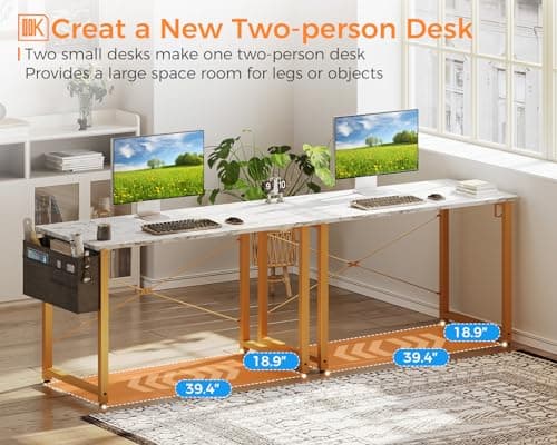 ODK Computer Desk, 40 Inch Small Study Desk, Office Desk with Storage, Work Table with Headphone Hook for Small Space Home Office, White Marble + Gold Leg 6