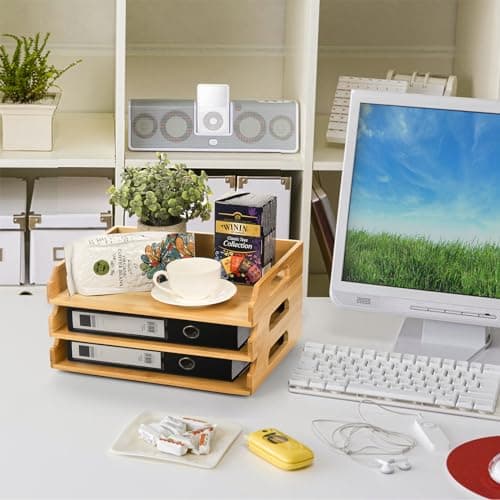 Okllen 3 Pack Stackable Paper Trays, Bamboo Desk Letter Tray Set, 3 Tier File Document Organizer Tray for A4 Paper, Magazine, Receipts, Office Supplies 7