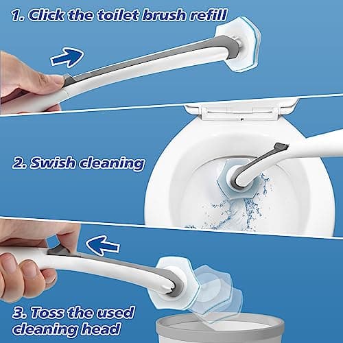 ZUBULUN Disposable Toilet Brush Holder Set Wall Mounted with 40 Cleaner Refills, Small Hidden Bathroom Bowl Cleaning Wand Kit Long Handle with Storage Caddy 5
