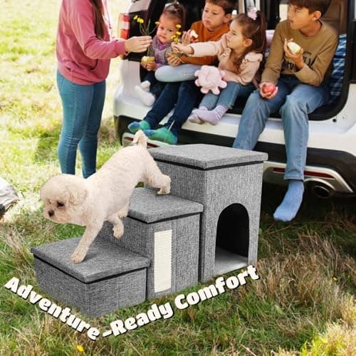 YIMITEE Dog Stairs for Small Dogs, 3 Tiers Dog Step with Storage, Foldable Older Cat Ramp with Condo Cat Scratcher, Portable Pet Ladder for High Bed Couch Chair Car, Up to 165 Lbs, 17 Inch 8