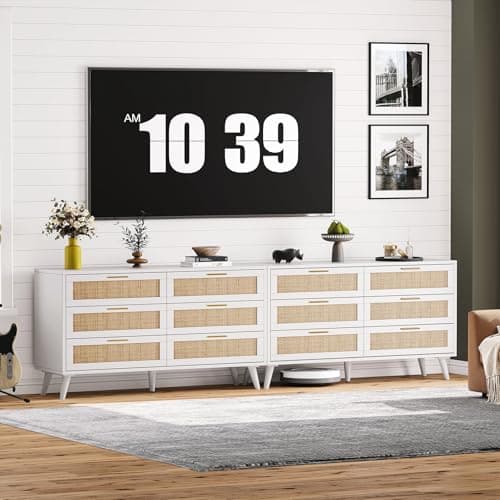 Rovaurx 6 Drawer Double Dresser for Bedroom, Rattan Chest of Dressers, Modern Wooden Dresser Chest with Golden Handles, Beside Table for Closet, Living Room and Entryway, White and Natural 7