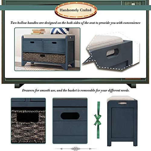 SOFTSEA Upholstered Storage Bench for Entryway, Wood Storage Ottoman with Removable Basket and 2 Drawers, Farmhouse Shoe Bench with Seat Cushion for Entryway, Living Room, Full Assembled, Navy 7