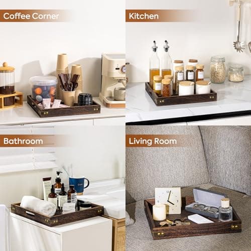 Yangbaga Serving Tray with Handles,13"*13"Wood Decorative Tray for Living Room,Modern Coffee Table Tray,Square Large Serving Platters for Home Decor,Ottoman,Bed,Kitchen,Bathroom, Breakfast,Bar 7